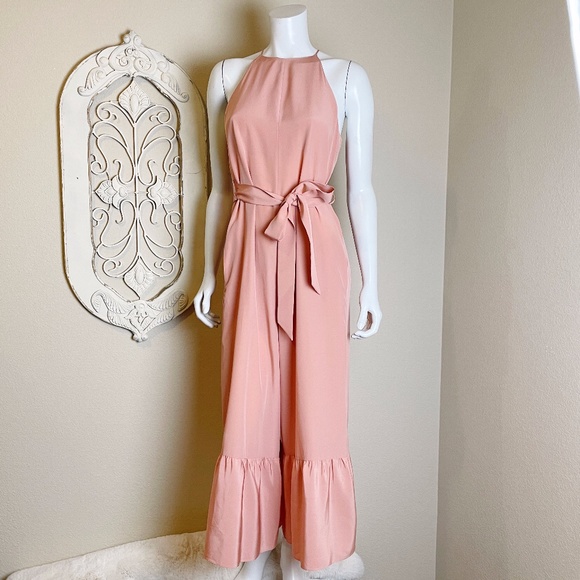 Tibi Pants - Tibi | Women's Pink Tie Waist Ruffle Pant Sleeveless Jumpsuit | Size: 4